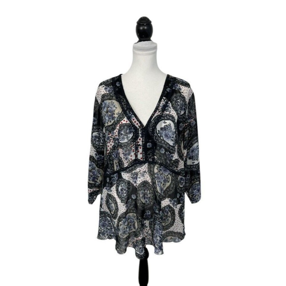 Bay Studio Career Blouse Plus Size 2X Sheer Boho V Neck Floral Lace Tunic Top